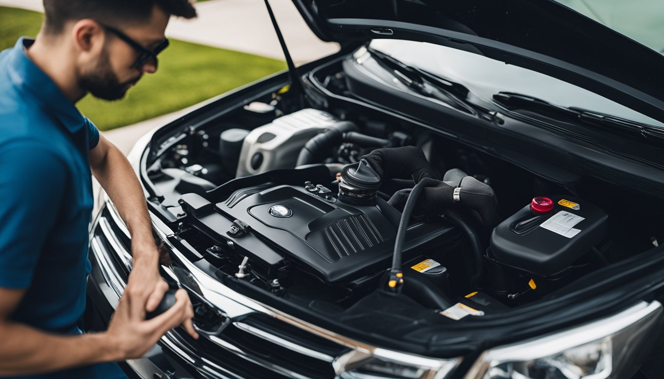 A car parked on a level surface with the hood open, a drain pan positioned underneath, and a person unscrewing the oil filter