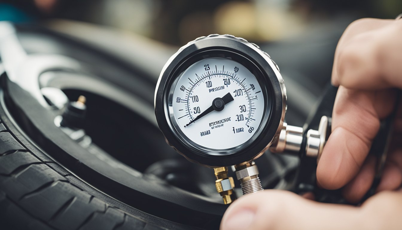 A hand holding a tire pressure gauge against a tire valve. The gauge reading shows the current tire pressure