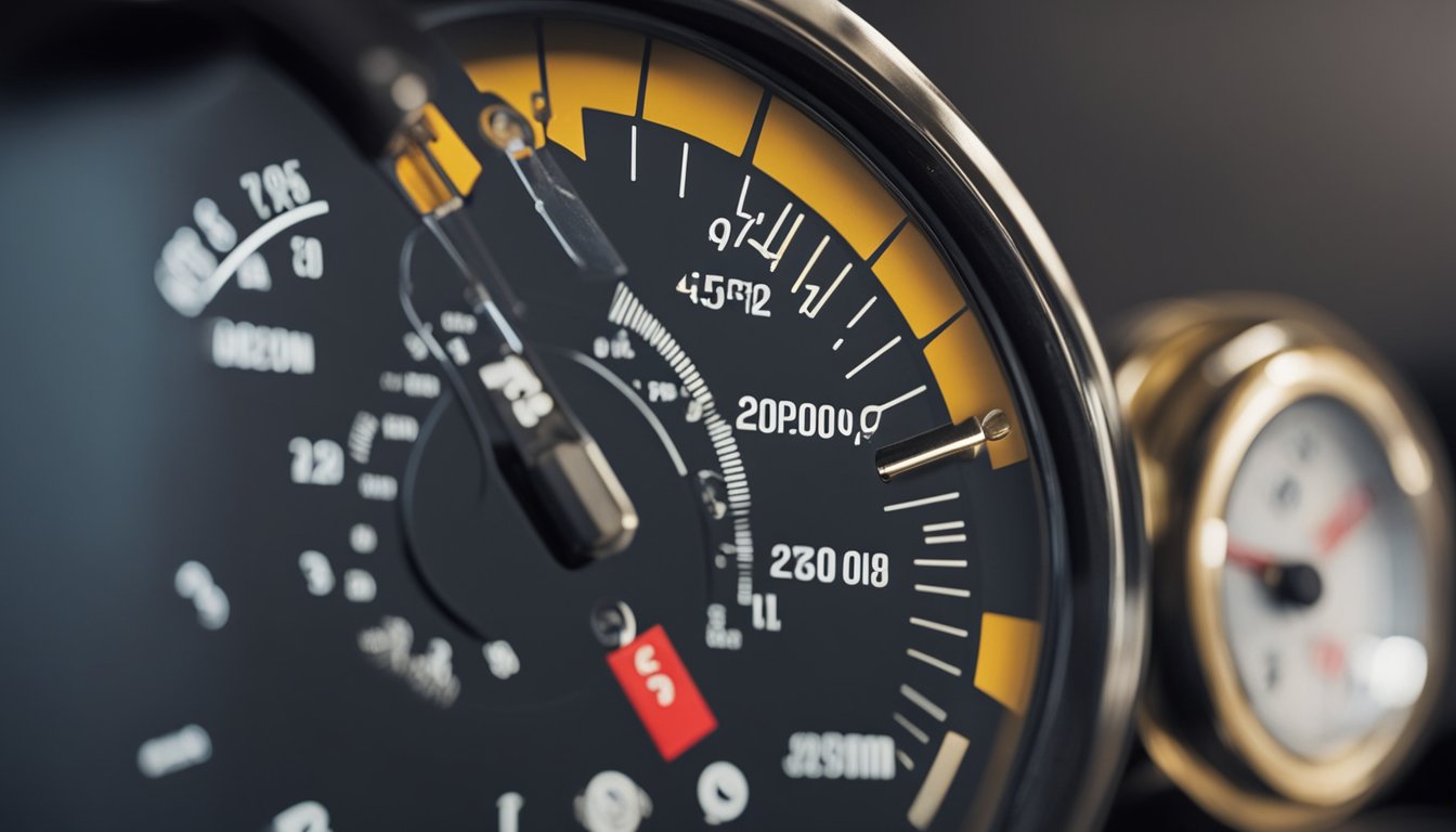 A tire gauge pressing against a tire valve stem. The gauge's dial reads the pressure, while the user's other hand adjusts the air compressor