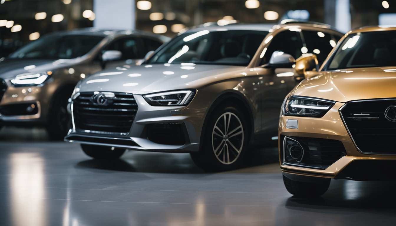 A new car and a used car side by side, with price tags displayed prominently. The new car shines under bright lights, while the used car shows signs of wear and tear