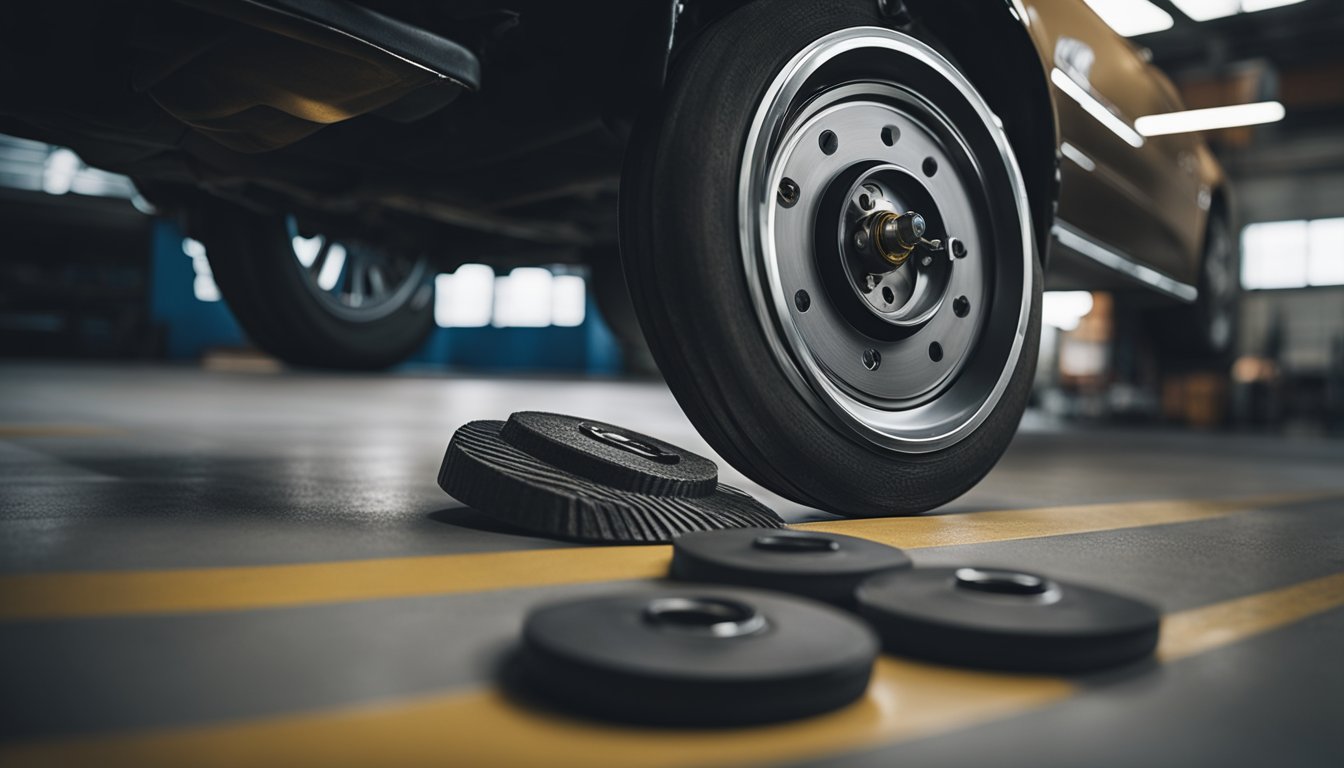 The brake pedal is pressed down, and the brake pads are worn thin, with visible grooves and uneven wear on the brake rotors