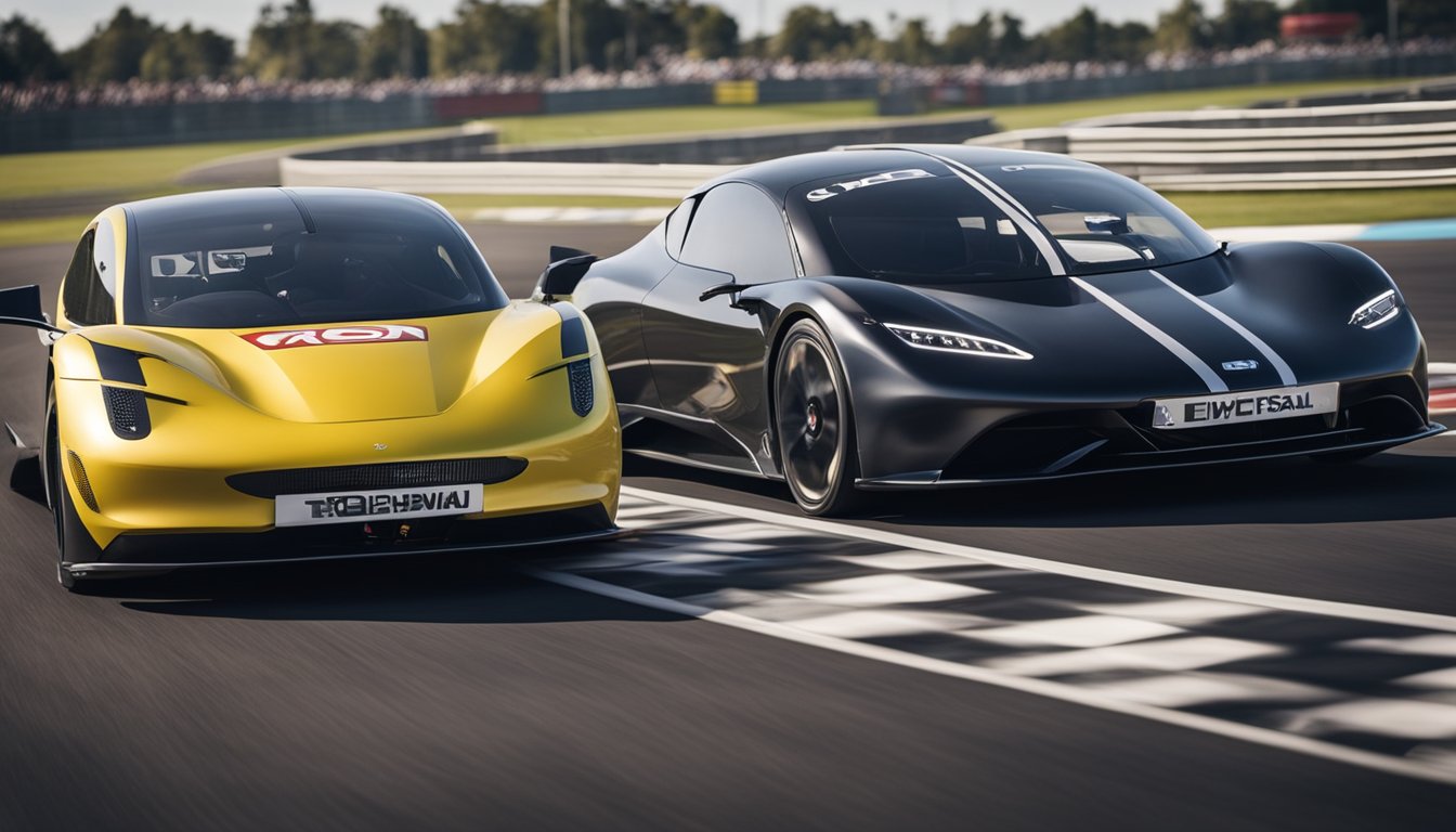 A sleek electric vehicle and a traditional gas car race side by side on a track, with speed and efficiency being compared