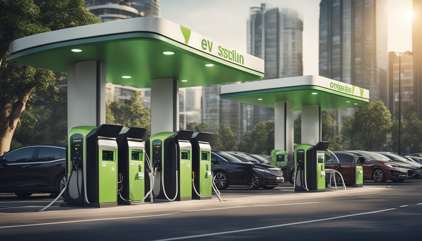 A bustling city with EV charging stations, clean air, and green spaces next to a polluted city with gas stations, smog, and traffic congestion