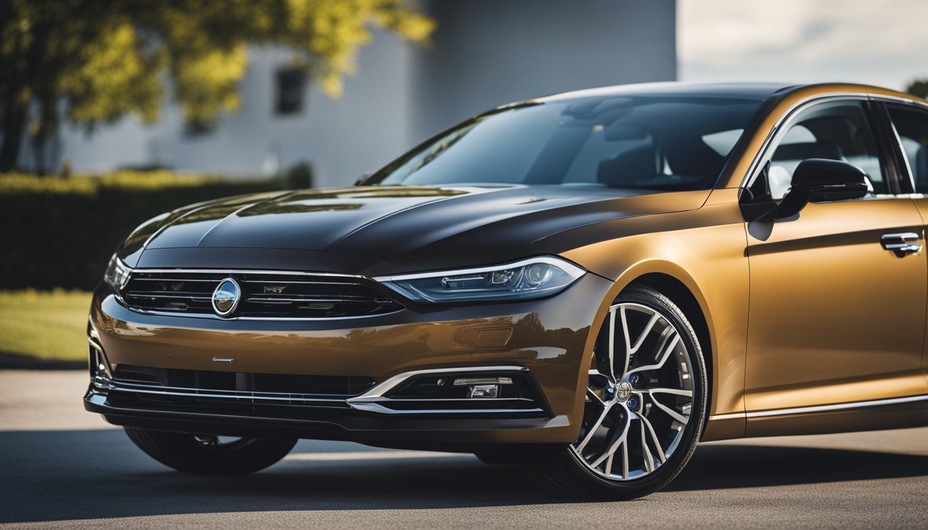 A brand new car sits next to a used car. The new car gleams with a pristine shine, while the used car shows signs of wear and tear