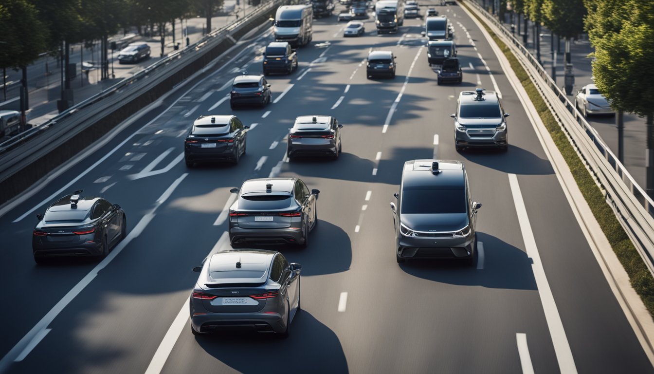 A self-driving car navigating through traffic with sensors and cameras monitoring surroundings for safety and regulatory compliance